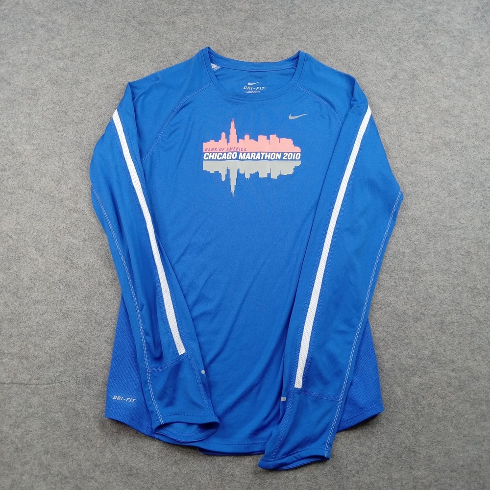 Nike Shirt Mens Small Blue Dri-FIT Long Sleeve Chicago Marathon 2010 Running Top
